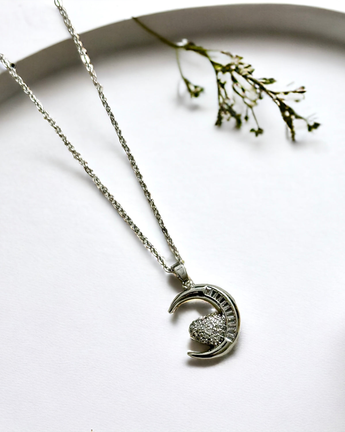 Silver Crescent Moon & Heart Antitarnish Necklace